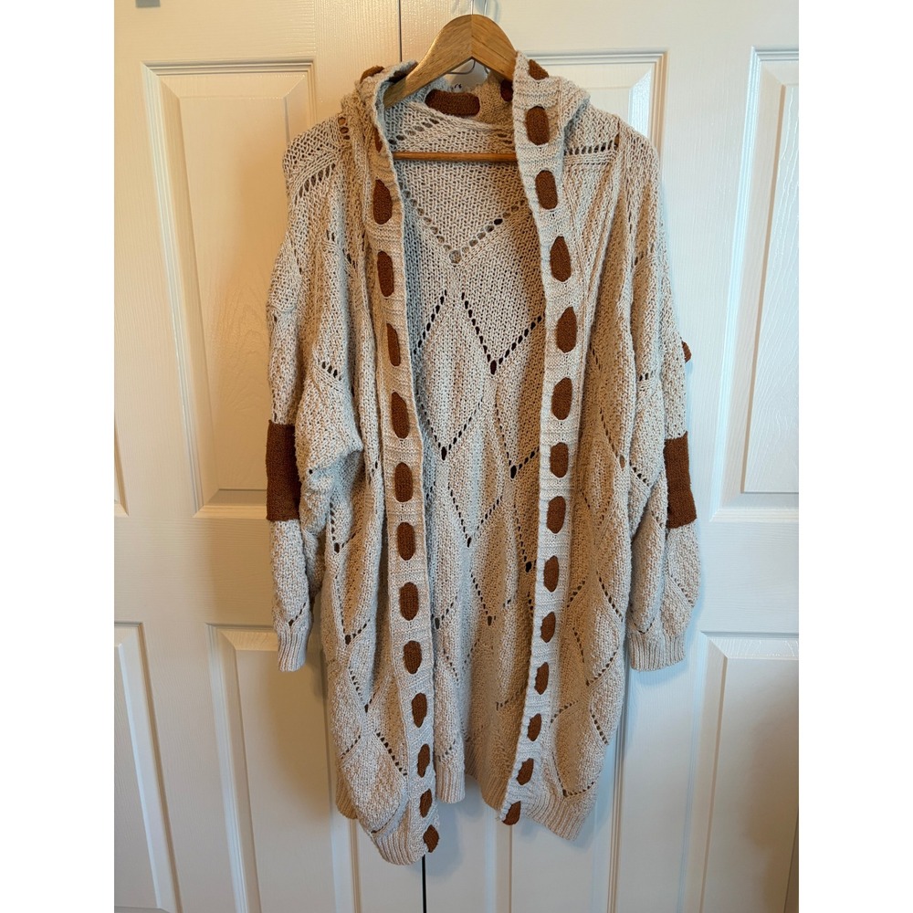 Boho Diamond Pointelle Hooded Cardigan XL Beige Brown Elbow Patch Knit Sweater
